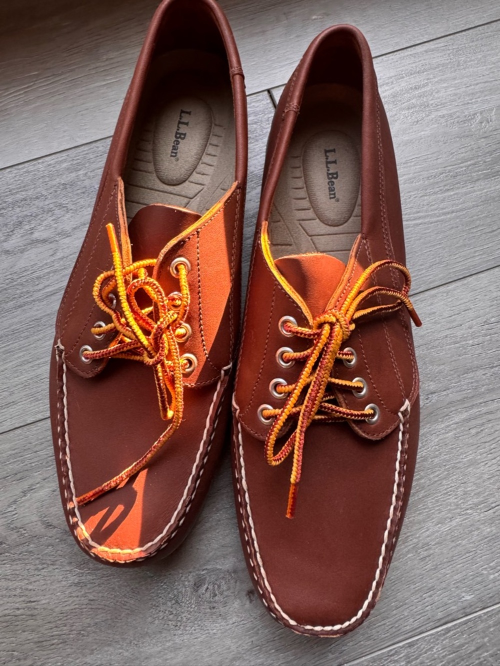 L.L. Bean Men’s Brown Leather Boat Shoes with Orange Laces